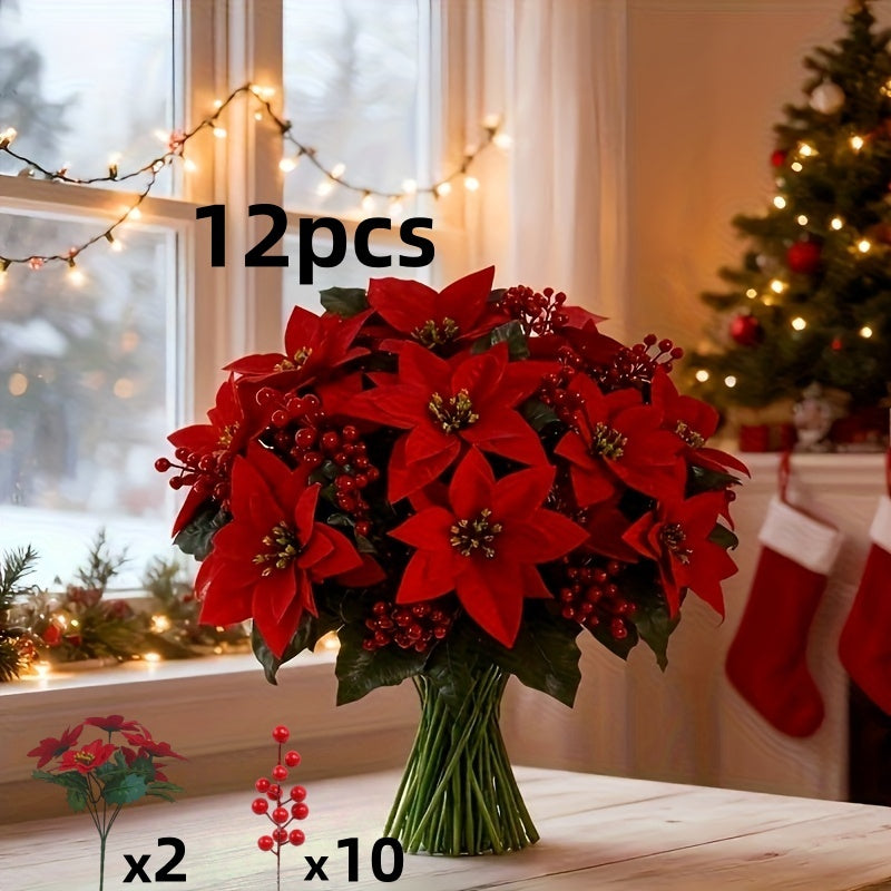 Artificial Poinsettia Branches (12 pcs) – Red Flowers & Berries Christmas Décor