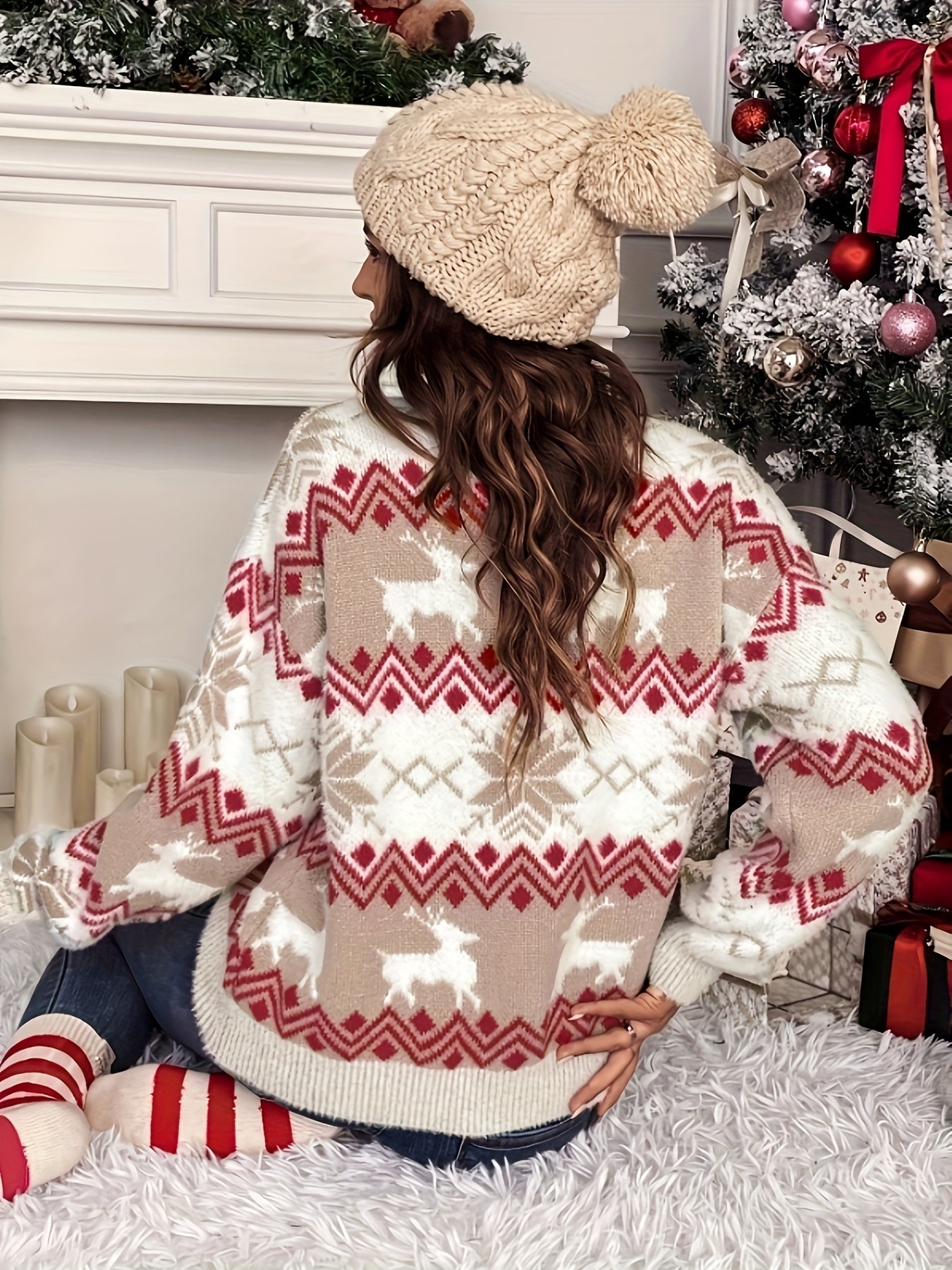 Cat Ear Directional [Tenggong Pool Elegant Directional Model] Elk Snowflake Christmas Pattern V-neck Pullover