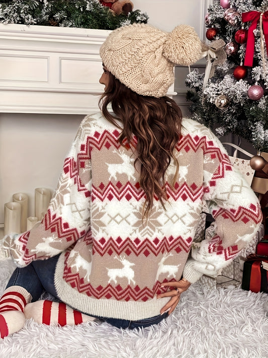 Cat Ear Directional [Tenggong Pool Elegant Directional Model] Elk Snowflake Christmas Pattern V-neck Pullover