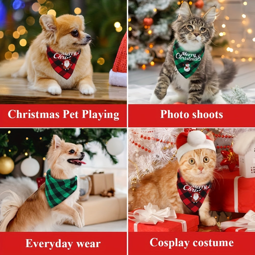 Christmas Dog Bandana- Santa Print& "Merry Christmas" Plaid Bib for Small/Medium Dogs- Adjustable Holiday Party Accessory- Festive Cozy Fit Pet Scarf