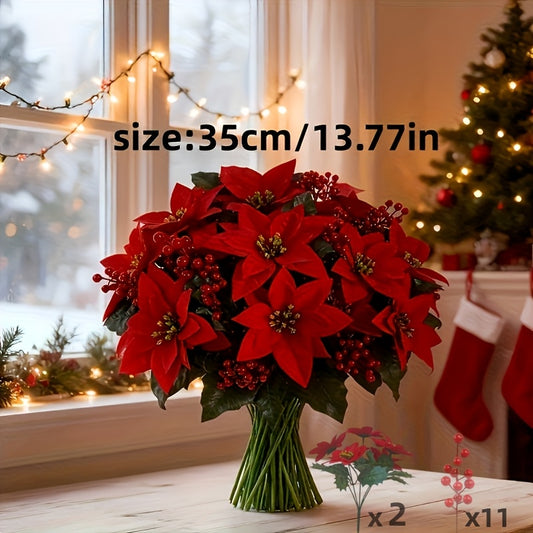 Artificial Poinsettia Branches (12 pcs) – Red Flowers & Berries Christmas Décor