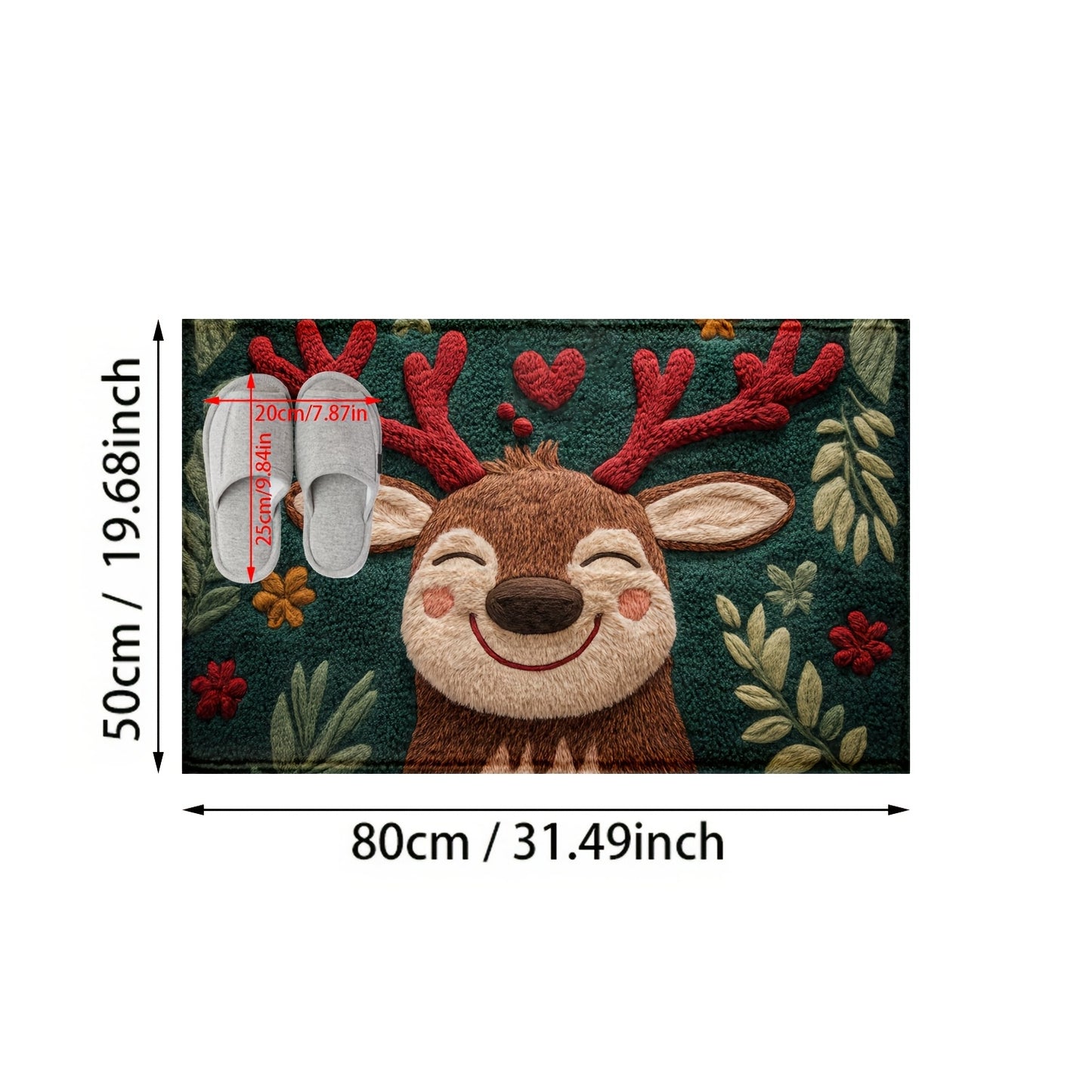 Fluffy Christmas Deer Microfiber Bath Mat - Quick-Dry & Absorbent, Festive Holiday Design with Red Berries & Green Leaves, Perfect for Kitchen & Bathroom Decor, Machine Washable, Christmas Bathroom Decor