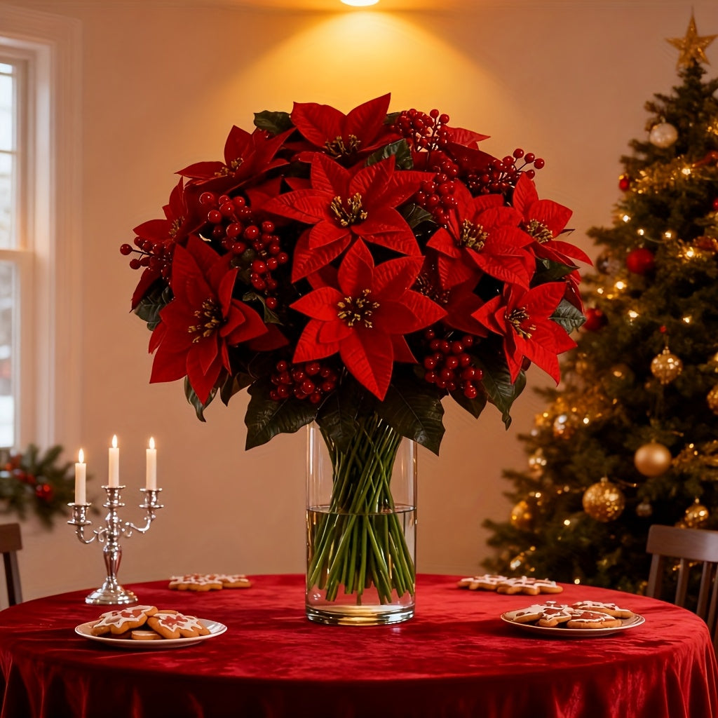 Artificial Poinsettia Branches (12 pcs) – Red Flowers & Berries Christmas Décor