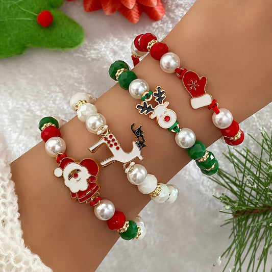 Christmas Charm Bracelet Set of 4 - Cute Holiday Santa, Reindeer, Glove Pendant - Daily Wear Fashion Jewelry - Perfect for Christmas Gift-Giving - Soft Clay Material - All Seasons Compatible