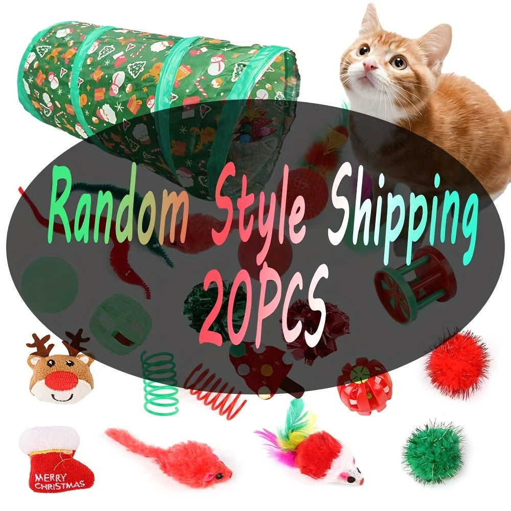 Christmas Cat Toy Set (20–24 pcs) – Interactive Tunnel, Plush Toys & Teaser Stick