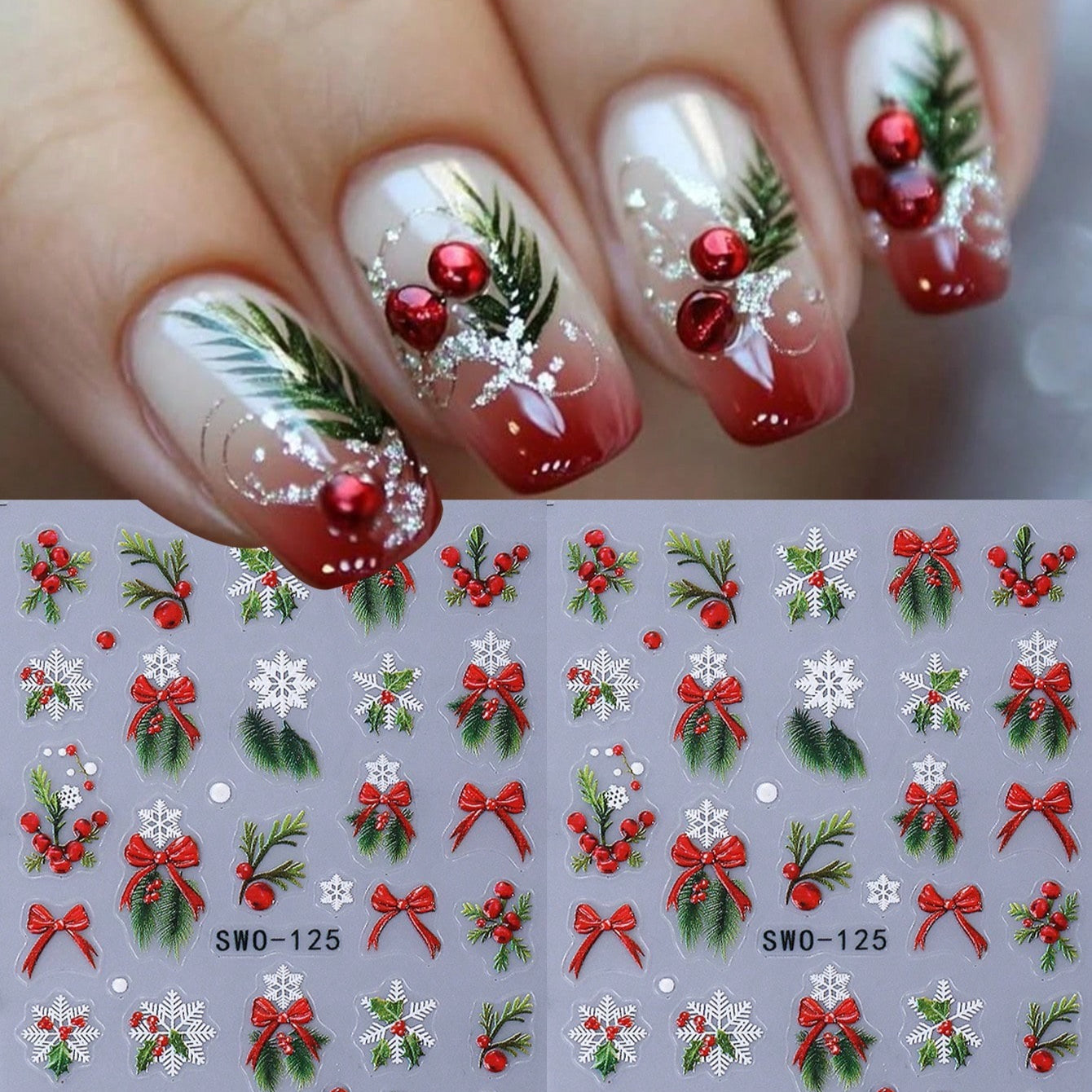 2pcs Self-Adhesive 5D Embossed Christmas Nail Stickers - Red & Golden Holly Berry Snowflake 3D Decals, DIY Winter Nail Art with Sliders for Press-On Nails, Glossy (No Glue) - Plastic Holiday Manicure for Parties & Gifts