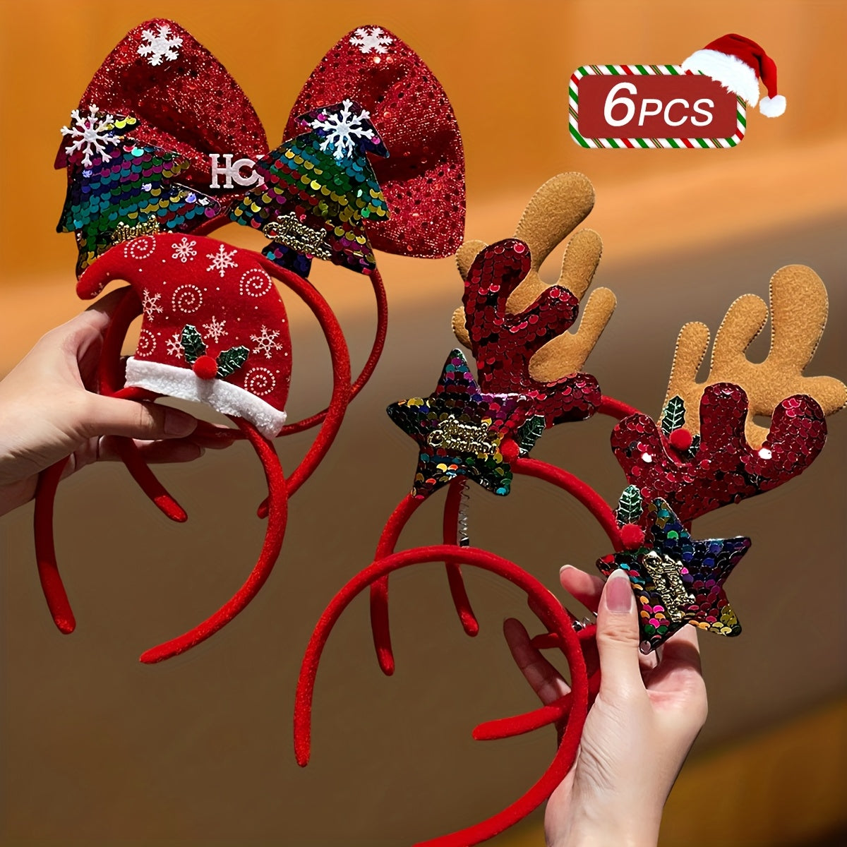 6pcs Women's Fashion Elegant Cute Christmas Hair Accessories, Sparkly Reindeer Antler Bow Headband, Christmas Decor, Party Cosplay, Women's Hair Ornaments, Christmas Gift, Christmas Decorations, Holiday Party Accessories, Spa