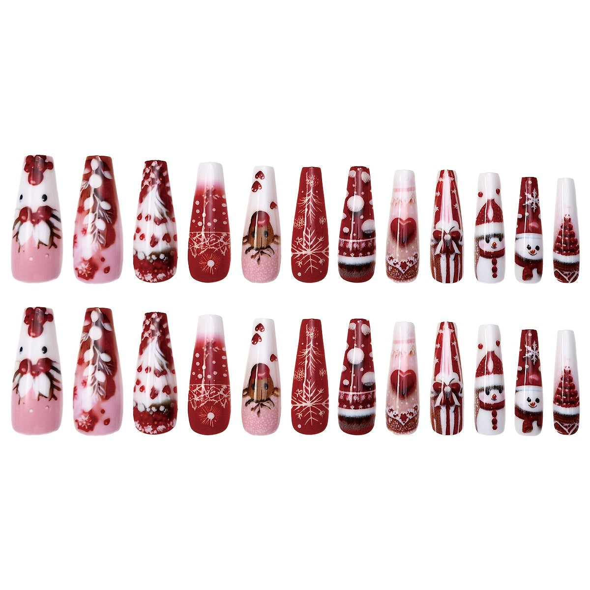 Christmas Holiday 24pcs Long Coffin Shape Press-On Nails Set - Glossy Finish, Mixed Color Nail Art Kit - Snowman, Snowflakes, Reindeer, Fireworks, Christmas Tree & Heart Patterns for Women