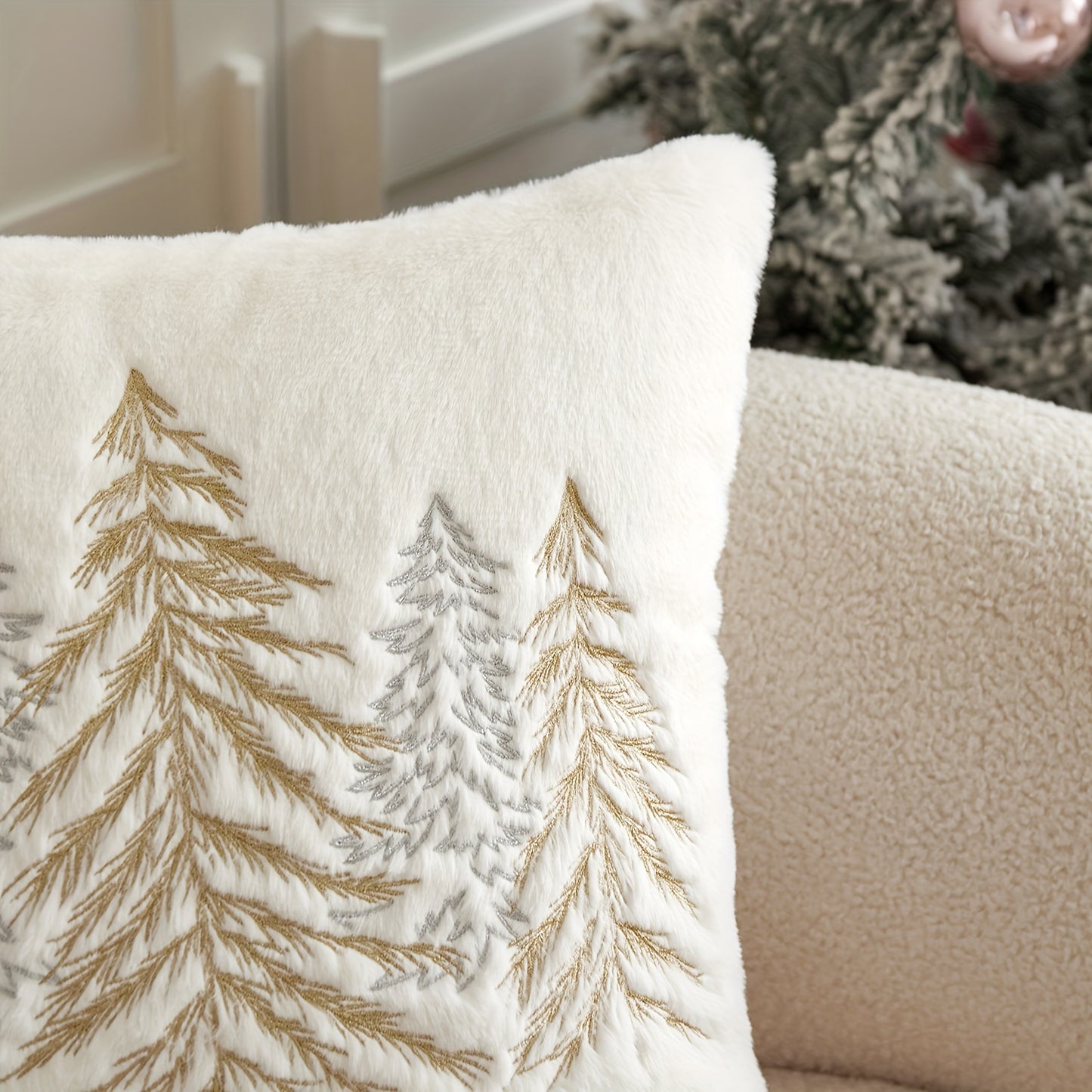 Christmas Tree Embroidered Pillowcase – Gold & Silver Holiday Décor (Cover Only)