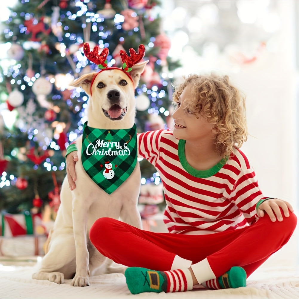 Christmas Dog Bandana- Santa Print& "Merry Christmas" Plaid Bib for Small/Medium Dogs- Adjustable Holiday Party Accessory- Festive Cozy Fit Pet Scarf