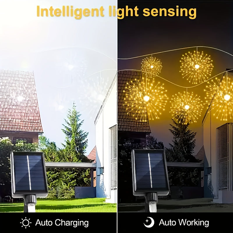 4/5pcs Hanging Solar Powered Outdoor Firework Lights, 240/360/450 LED Sparkling Starburst Sphere Lights, Warm White/Multicolor/White, 8 Modes Copper Wire Fairy Lights For Patio, Umbrella, Eave, Garden, Tree, Tent, Christmas,