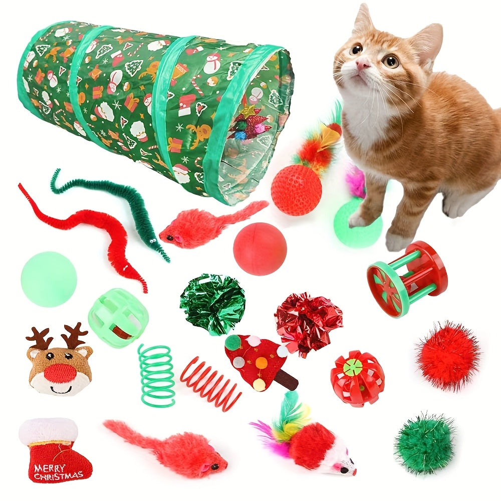 Christmas Cat Toy Set (20–24 pcs) – Interactive Tunnel, Plush Toys & Teaser Stick