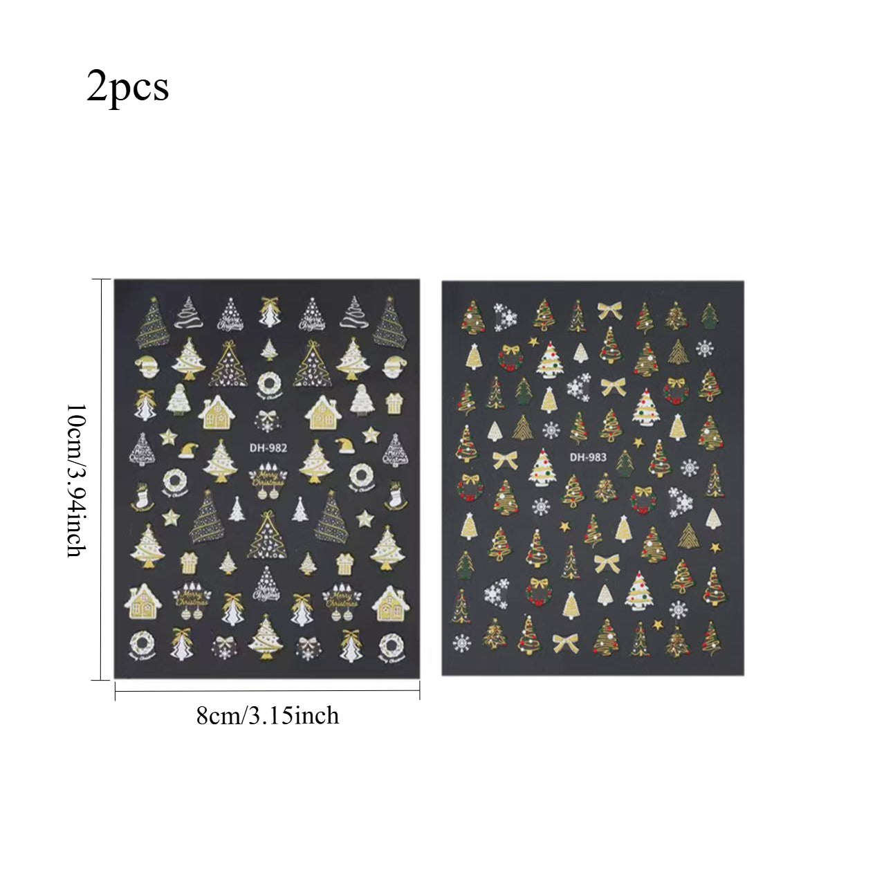 Christmas Nail Stickers with Green Tree, Red Bow & Golden Glitter