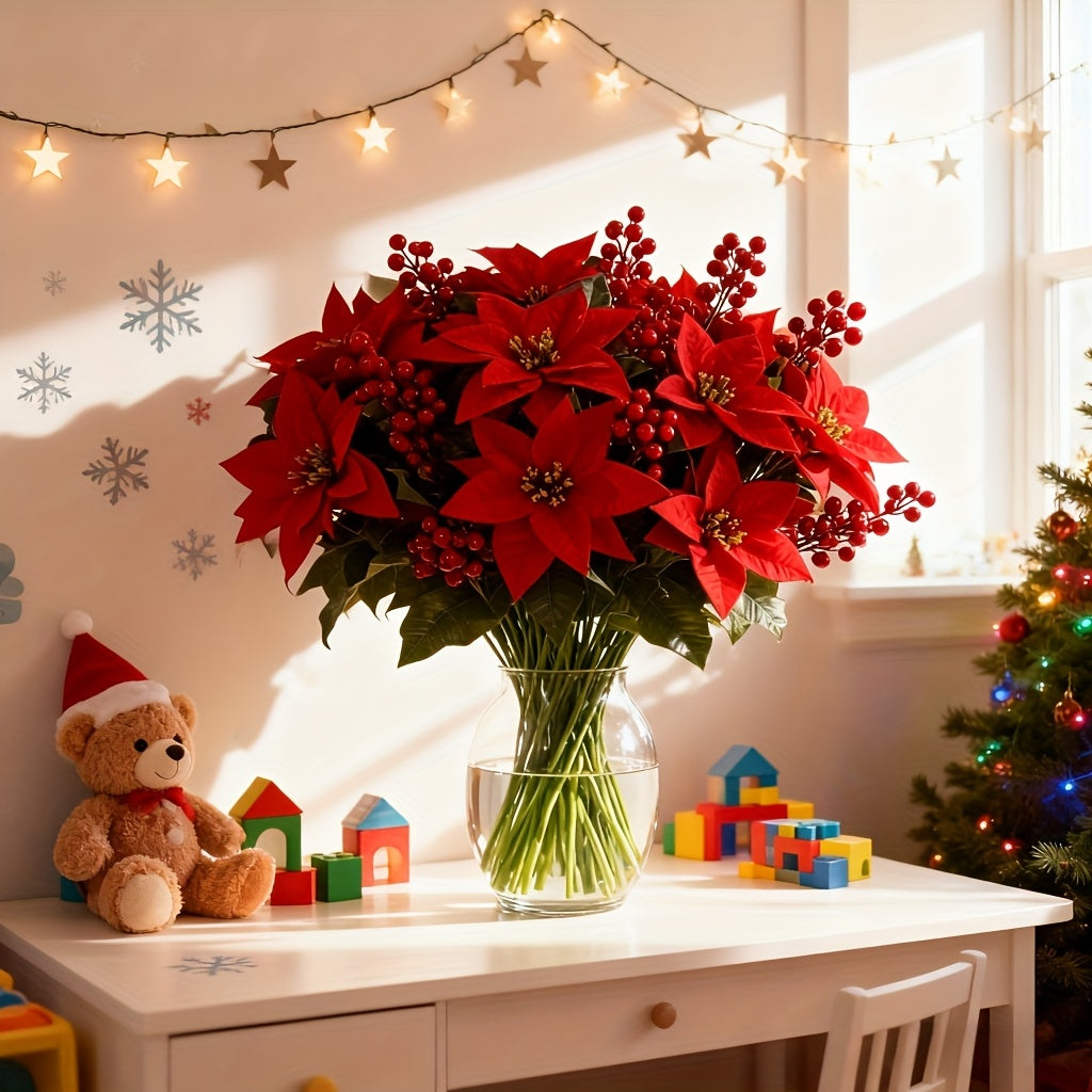 Artificial Poinsettia Branches (12 pcs) – Red Flowers & Berries Christmas Décor