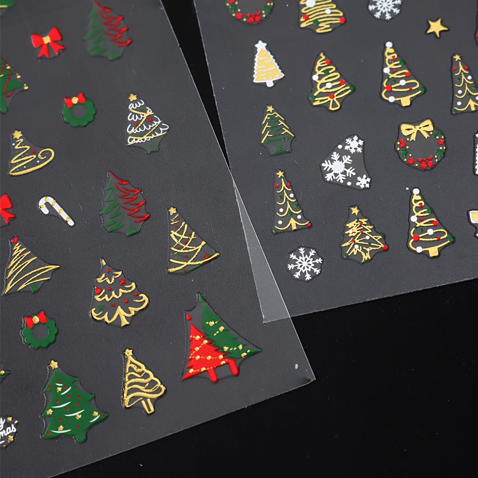 Christmas Nail Stickers with Green Tree, Red Bow & Golden Glitter