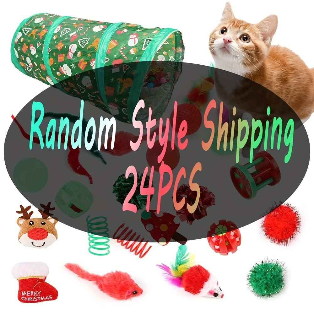 Christmas Cat Toy Set (20–24 pcs) – Interactive Tunnel, Plush Toys & Teaser Stick
