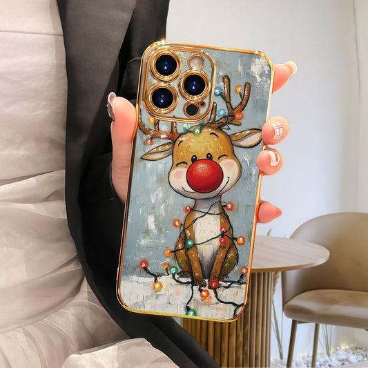 Festive hand-painted reindeer with colorful lights, warm winter vibe | PC hard case | Premium electroplating, lightweight design, comfortable grip highlights personality | Compatible with iPhone 17/ 16/ 15/ 14/ 13/ 12/ 11 Pro