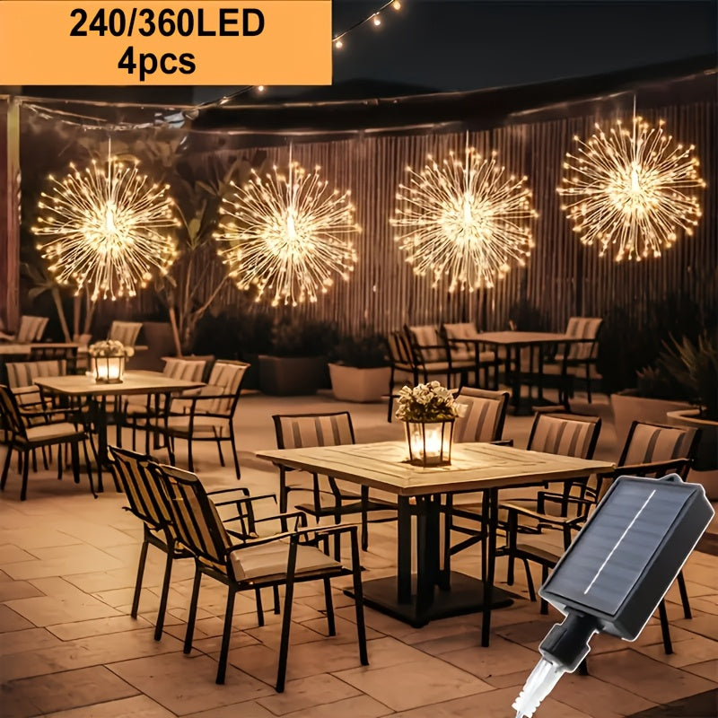4/5pcs Hanging Solar Powered Outdoor Firework Lights, 240/360/450 LED Sparkling Starburst Sphere Lights, Warm White/Multicolor/White, 8 Modes Copper Wire Fairy Lights For Patio, Umbrella, Eave, Garden, Tree, Tent, Christmas,