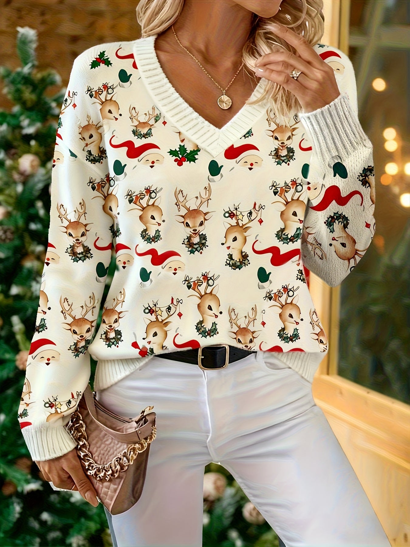 Cat Ear Directional Women'S Elegant V-Neck Christmas 3D Pullover | All Over Print, Fall/Winter Season