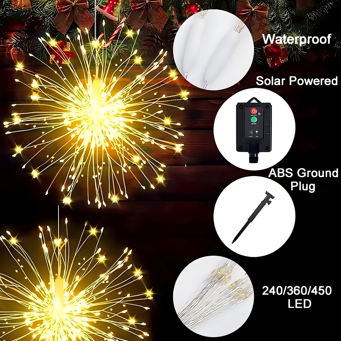 4/5pcs Hanging Solar Powered Outdoor Firework Lights, 240/360/450 LED Sparkling Starburst Sphere Lights, Warm White/Multicolor/White, 8 Modes Copper Wire Fairy Lights For Patio, Umbrella, Eave, Garden, Tree, Tent, Christmas,
