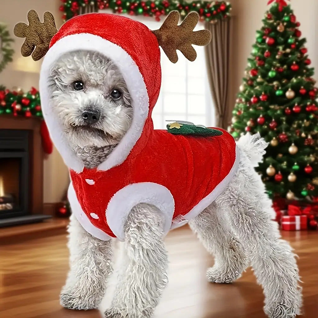 Christmas Dog Costume - Santa Claus & Reindeer Style Winter Hoodies with Buttons | Warm Knit Vests, Pet Cold-Weather Sweater Coats, Onesies for Party Role-Playing Suitable for Small and Medium Dogs & Cats