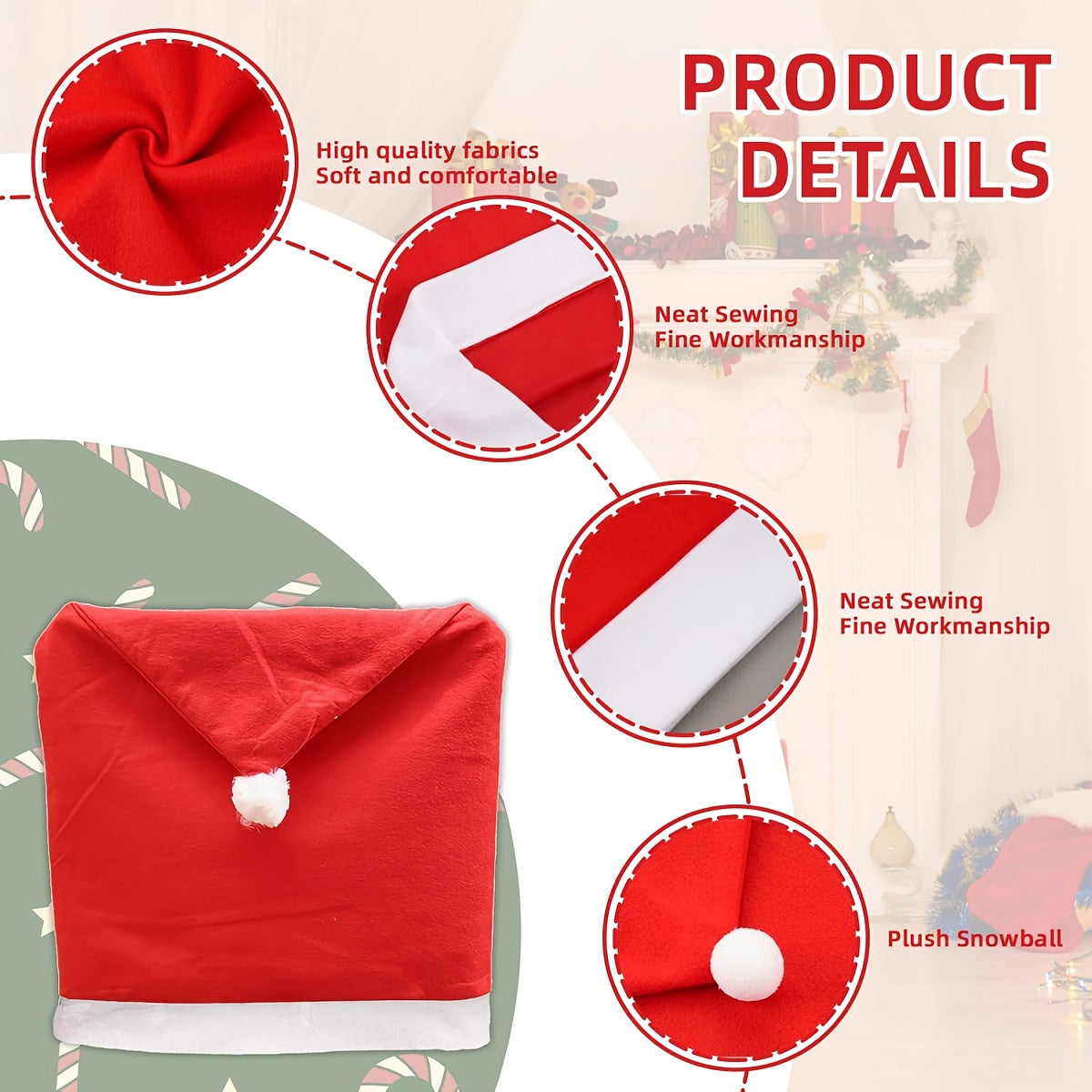 [Festive Red Chair Covers] 4pcs Festive Red Chair Covers with Santa Hat Design - Polyester, Hand Wash Only, Perfect for Christmas Dining & Living Room Decor, Adds Holiday Cheer to Your Table Setting, Christmas Decorations, Ch
