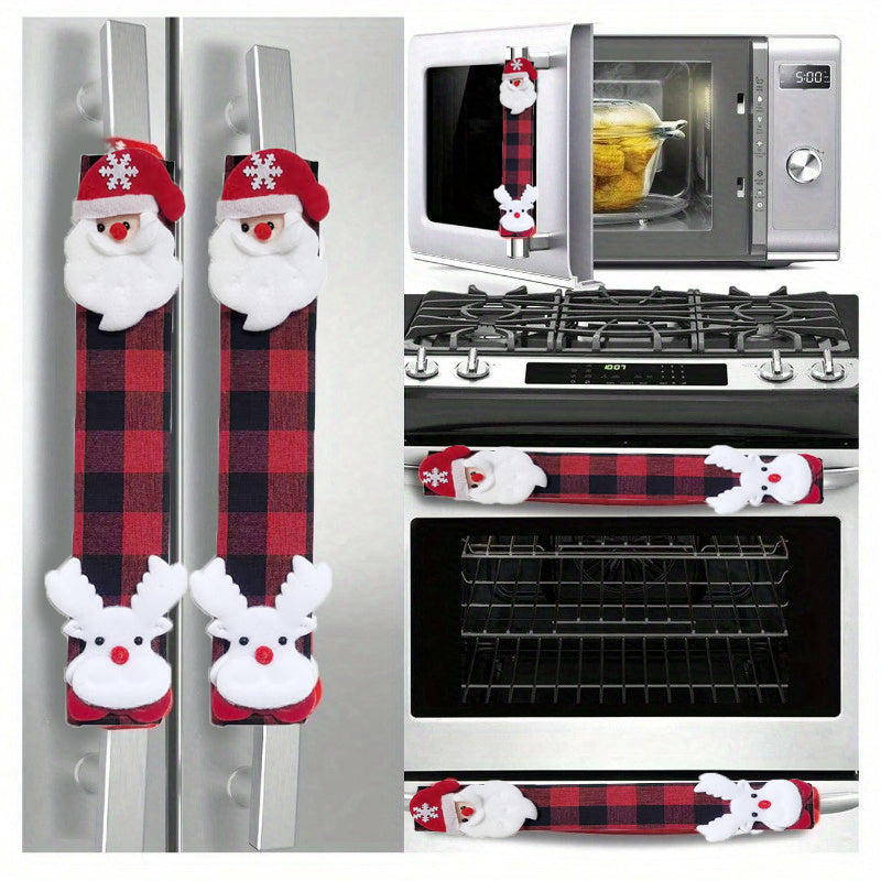 Festive Christmas Oven & Fridge Handle Cover with Plaid & Reindeer Antlers - Red/Green/Black Fabric Appliance, Battery-Free ic-like Fridge Door for Refrigerator & Stove (Compatible with Most Ovens) - Holiday Home