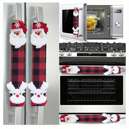 Festive Christmas Oven & Fridge Handle Cover with Plaid & Reindeer Antlers - Red/Green/Black Fabric Appliance, Battery-Free ic-like Fridge Door for Refrigerator & Stove (Compatible with Most Ovens) - Holiday Home