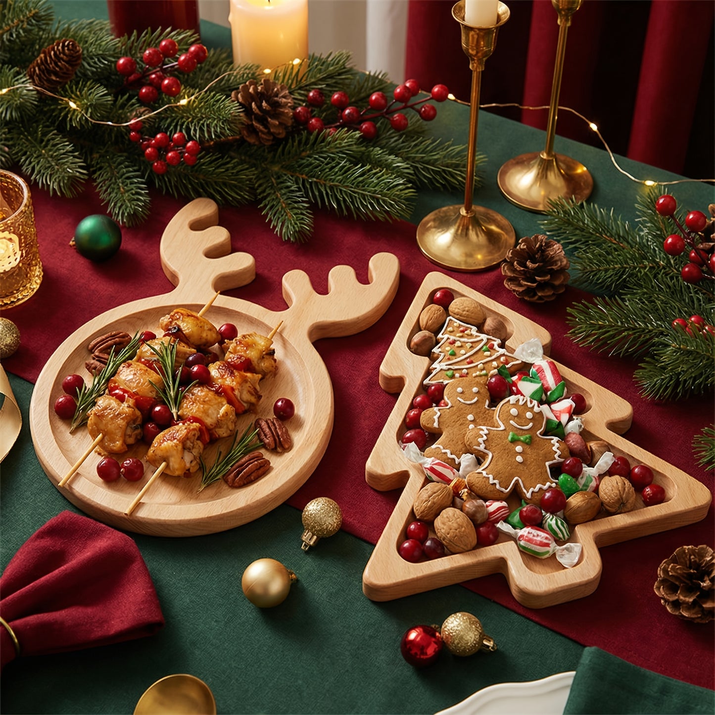 Christmas Wooden Snack Plates - Reindeer & Christmas Tree Shapes for Holiday Celebrations, Gatherings & Multi - Occasions
