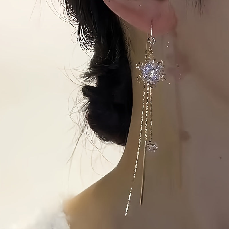 [Elegant Earrings] Elegant Snowflake Dangle Earrings | Long Chain Design With Sparkling Zirconia Inlaid Copper Jewelry Party Ornaments