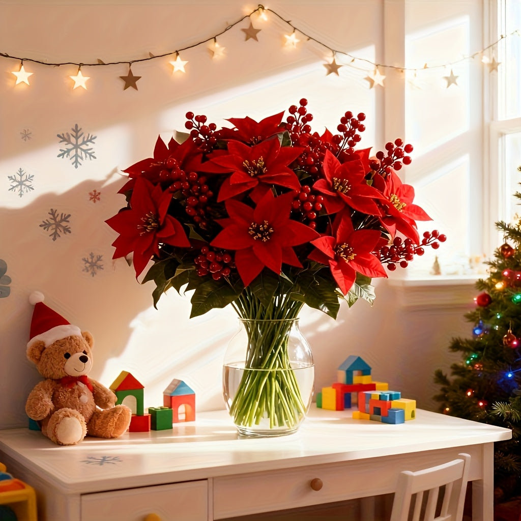 Artificial Poinsettia Branches (12 pcs) – Red Flowers & Berries Christmas Décor