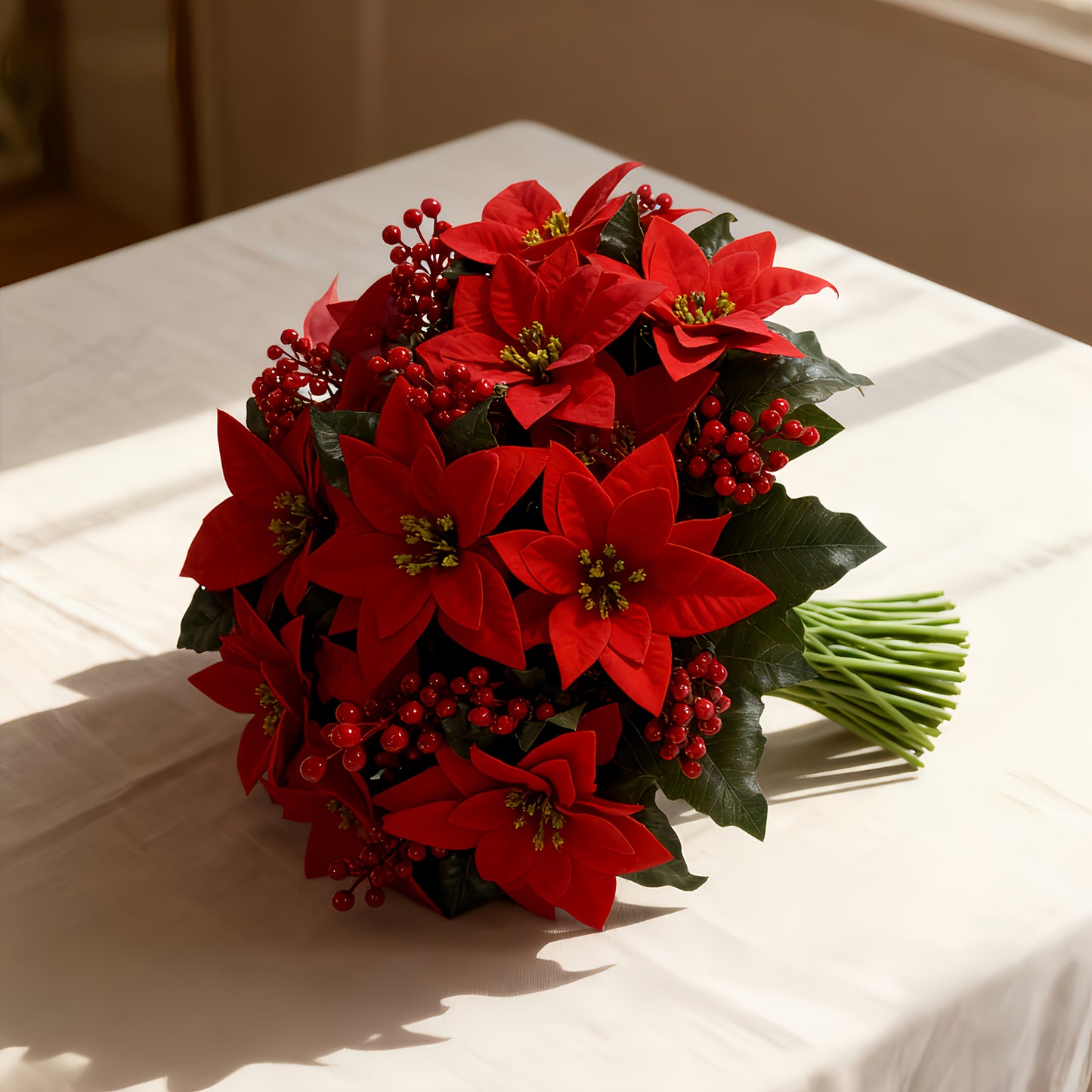 Artificial Poinsettia Branches (12 pcs) – Red Flowers & Berries Christmas Décor