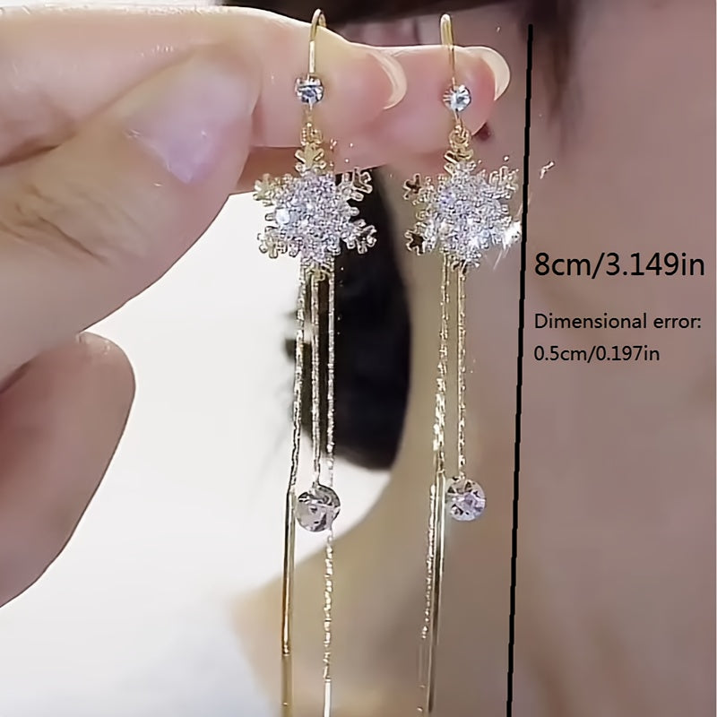 [Elegant Earrings] Elegant Snowflake Dangle Earrings | Long Chain Design With Sparkling Zirconia Inlaid Copper Jewelry Party Ornaments