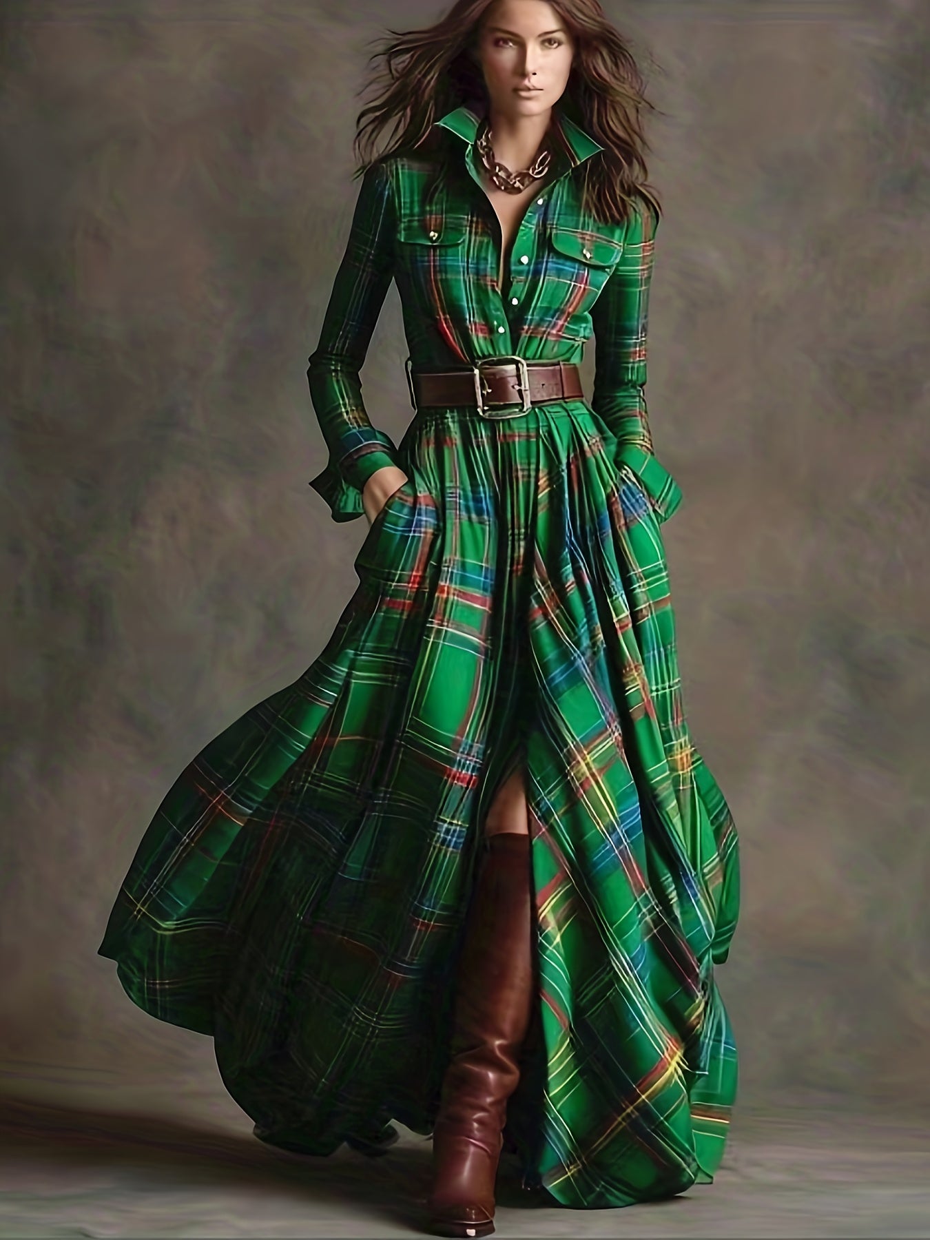 Women'S Vintage Shirt Dress - Long Formal & casual dresses with Turn- Collar, Flared Hem, All-Season Elegant office party Outfit in Brown/Red Plaid - Non-Padded Retro Attire