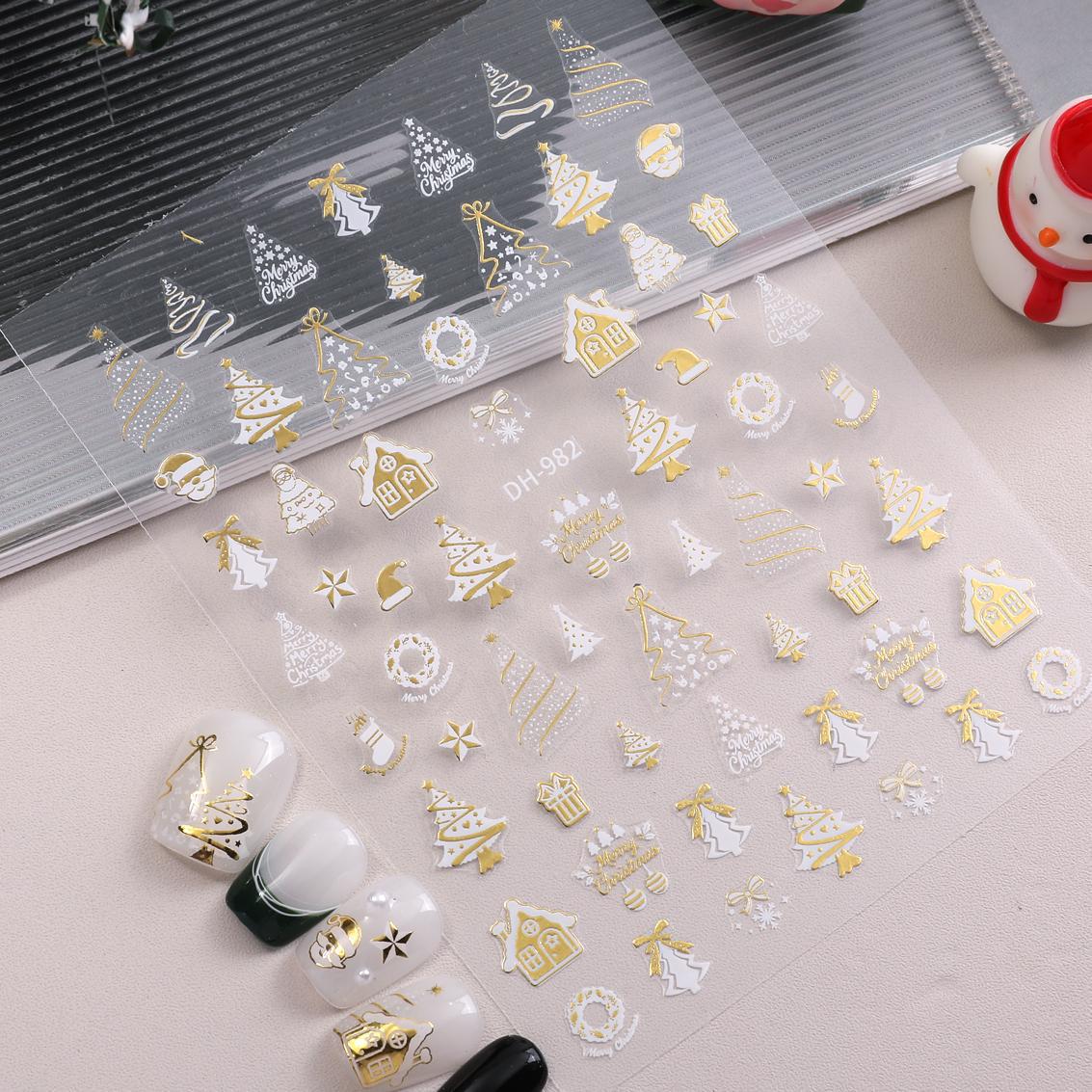 Christmas Nail Stickers with Green Tree, Red Bow & Golden Glitter