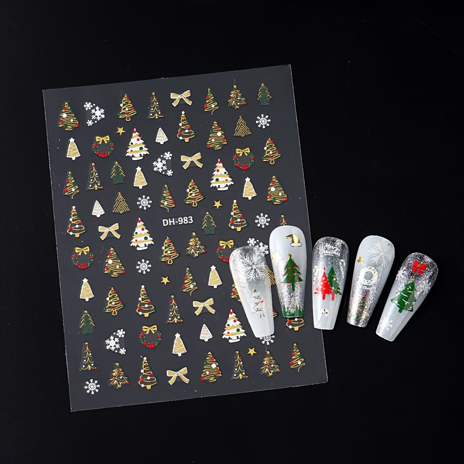 Christmas Nail Stickers with Green Tree, Red Bow & Golden Glitter