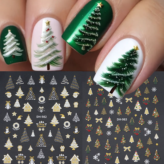 Christmas Nail Stickers with Green Tree, Red Bow & Golden Glitter