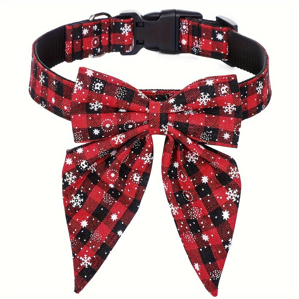 [Christmas Bowtie Collar] Festive MiTOOE Christmas Bowtie Collar for Medium & Large Dogs - Red & Black Plaid with Snowflake Design, Durable Polyester, Perfect for Holiday Celebrations, Dog Christmas Clothes