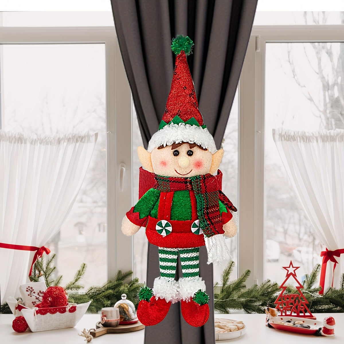 Christmas Decorations Elf Curtain Tieback Window Decor for Home and Holiday Celebrations, Christmas, Halloween, Thanksgiving, Festive Ornaments, Seasonal Window Treatment, Festive Curtain Accessory, Seasonal Home Accent, Holi