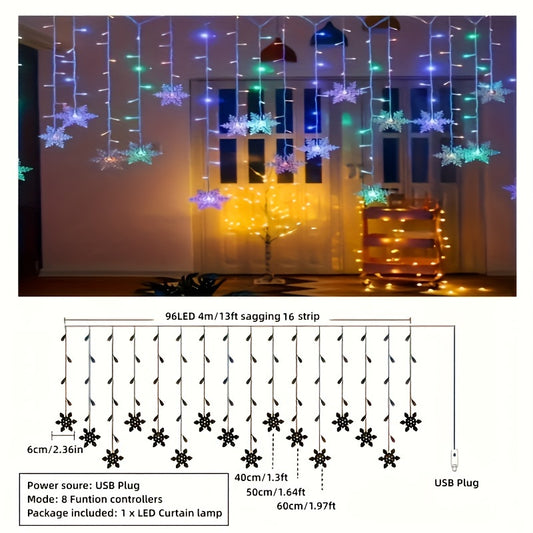 [YETHKE Snowflake Curtain Light] YETHKE 1pc Snowflake Curtain Light - 96 LED USB Plug String Lights with 8 Modes, Warm White & Multicolor Indoor Fairy Lights for Christmas Wedding Party Chandelier Luminarias Decor, Event Ligh