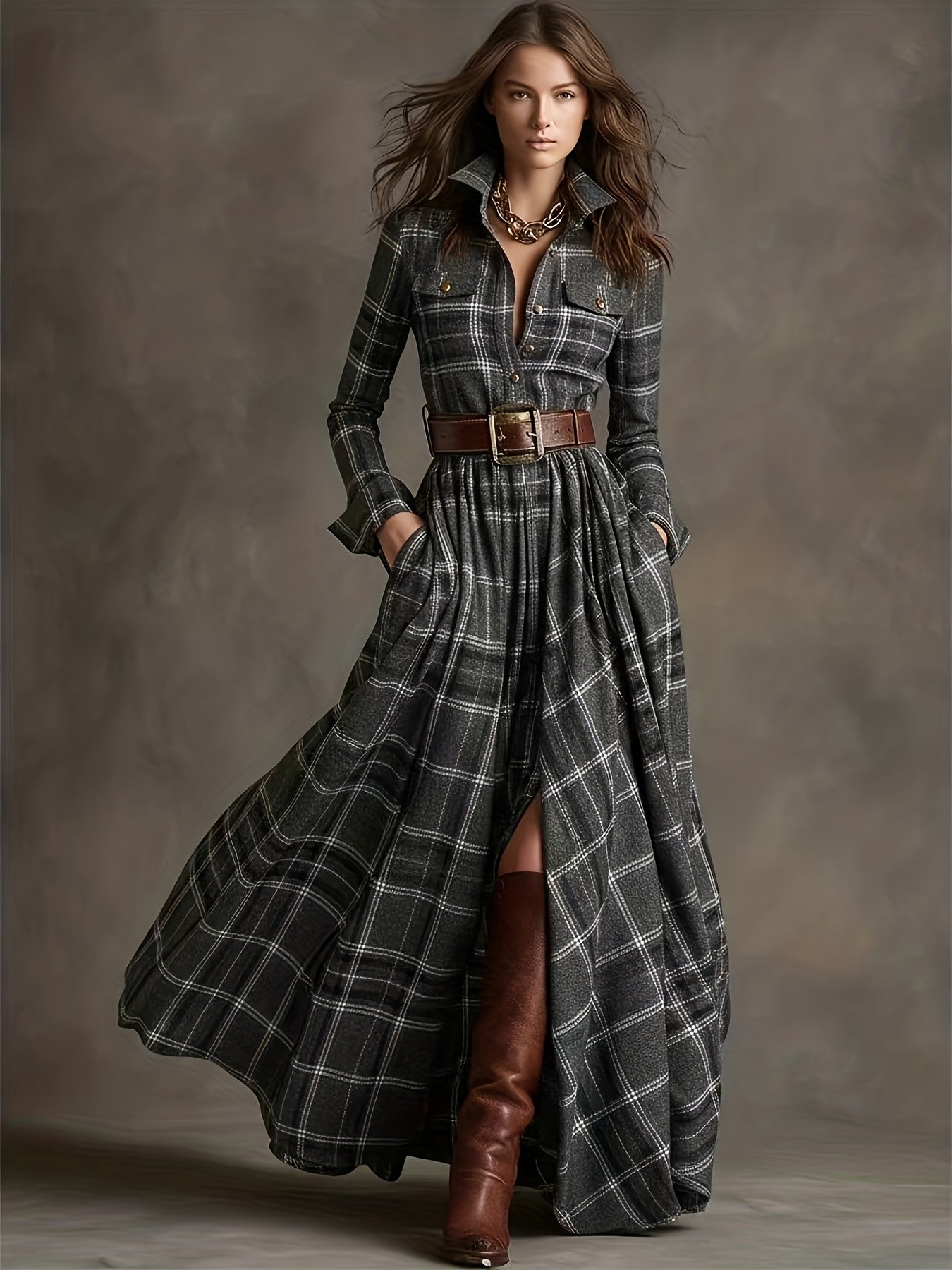 Women'S Vintage Shirt Dress - Long Formal & casual dresses with Turn- Collar, Flared Hem, All-Season Elegant office party Outfit in Brown/Red Plaid - Non-Padded Retro Attire