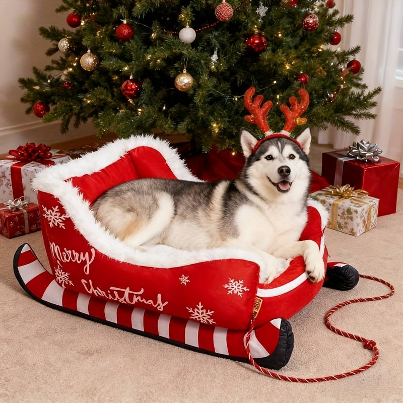 Christmas Sled Dog Bed – Plush Winter Pet Bed with Removable Washable Cover (S/M/L)