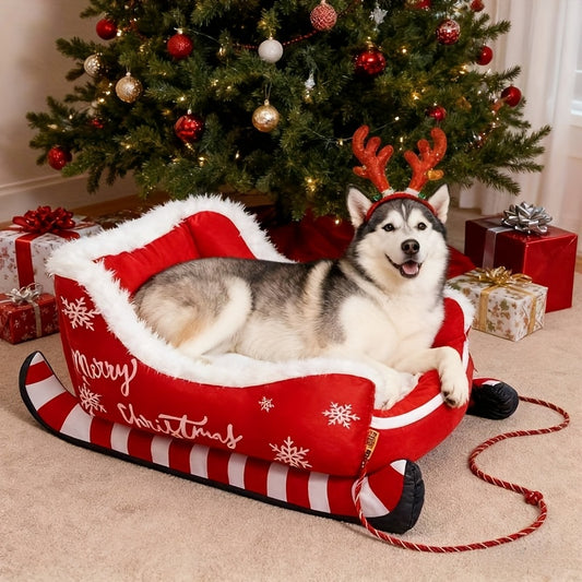 Christmas Sled Dog Bed – Plush Winter Pet Bed with Removable Washable Cover (S/M/L)