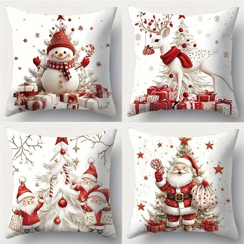4pcs-Christmas pillowcase set, modern polyester decorative pillowcase, with zipper, 17.72 inches - printed with holiday snowman, reindeer, Santa Claus and gnome, suitable for sofa, living room and office decoration - washable