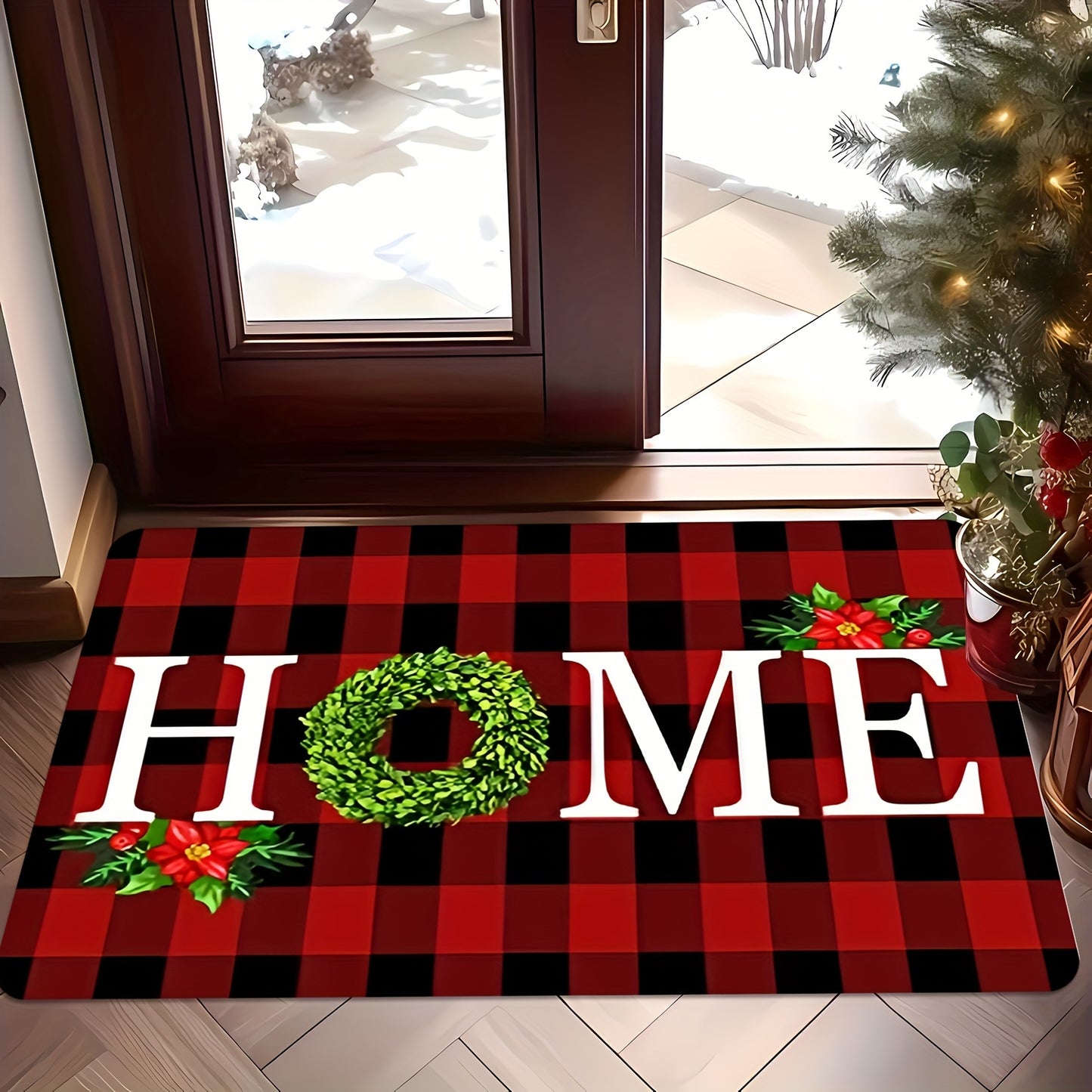 [Festive Christmas Doormat] Christmas-Themed Welcome Doormat - 1pc Festive Wreath Design with "HOME" Text | Washable Polyester, Ideal for Entryway, Bedroom, Bathroom, Kitchen, Laundry Room - Holiday Home Decor, Christmas Deco