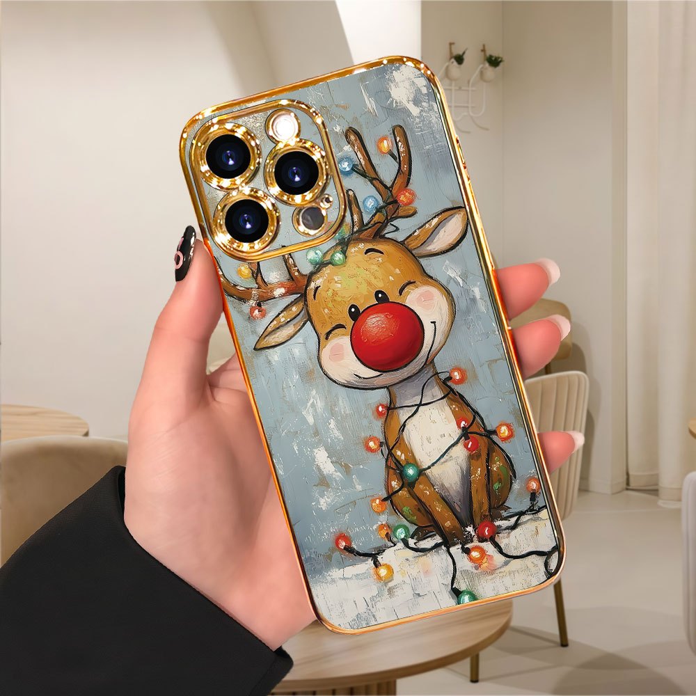 Festive hand-painted reindeer with colorful lights, warm winter vibe | PC hard case | Premium electroplating, lightweight design, comfortable grip highlights personality | Compatible with iPhone 17/ 16/ 15/ 14/ 13/ 12/ 11 Pro