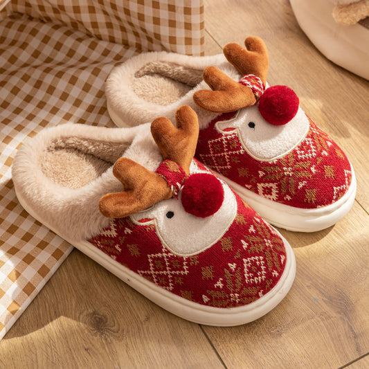 Christmas Reindeer Plush Slippers – Cozy Fleece-Lined Indoor Shoes for Couples