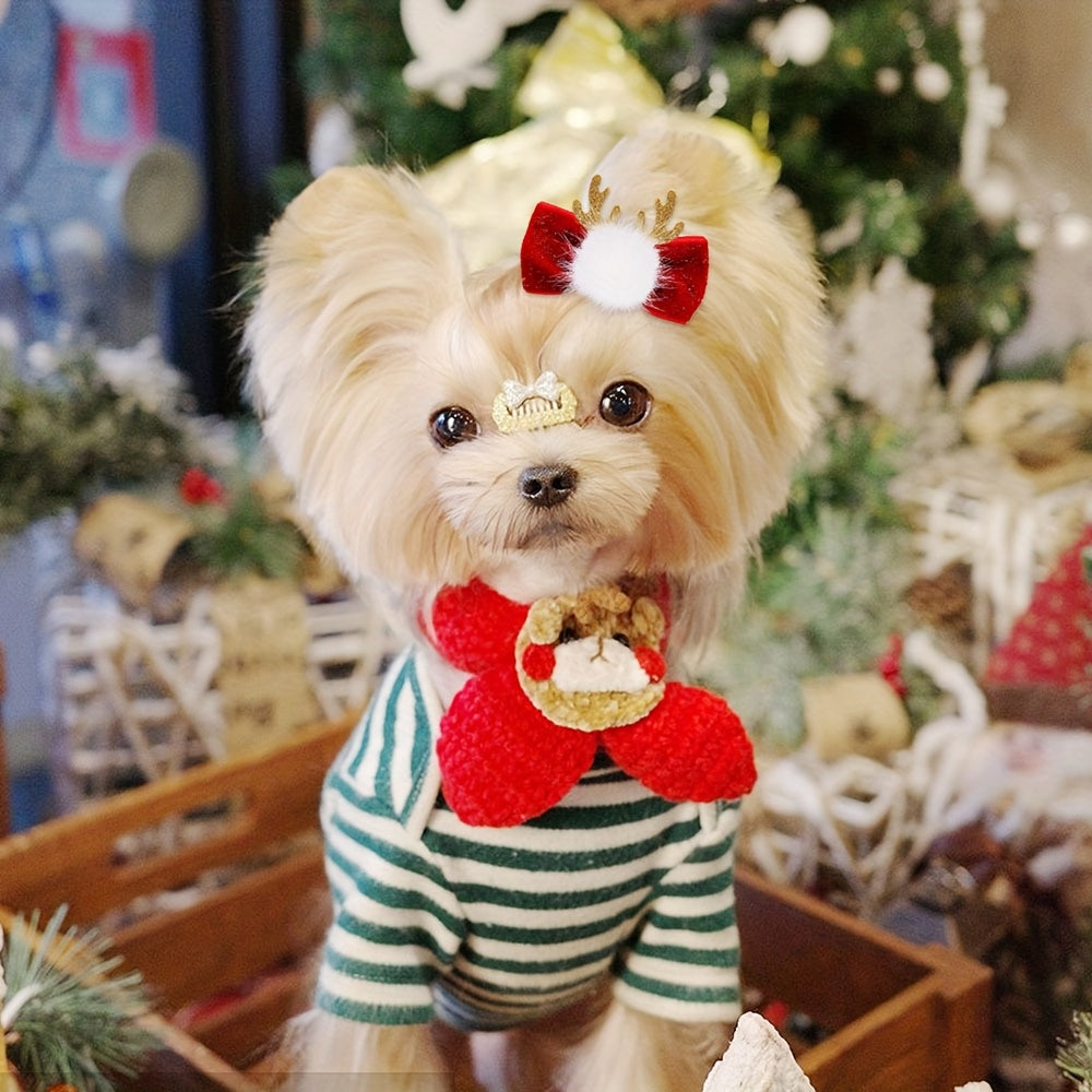 3pcs Handmade Plush Dog Bows with Antlers - Large Removable Hair Clips for Christmas, New Year & Winter Parties, Soft Pet Grooming Accessories (Golden/Brown/White) - for Pomeranian, Shih Tzu, Poodle, Yorkshire Terrier & Small