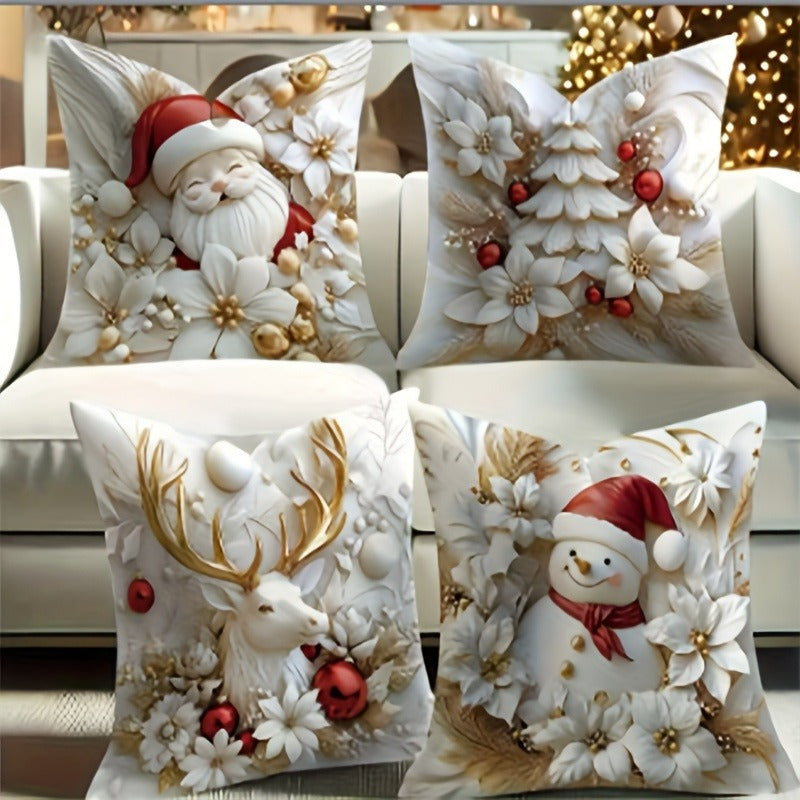 4pcs-Christmas pillowcase set, modern polyester decorative pillowcase, with zipper, 17.72 inches - printed with holiday snowman, reindeer, Santa Claus and gnome, suitable for sofa, living room and office decoration - washable