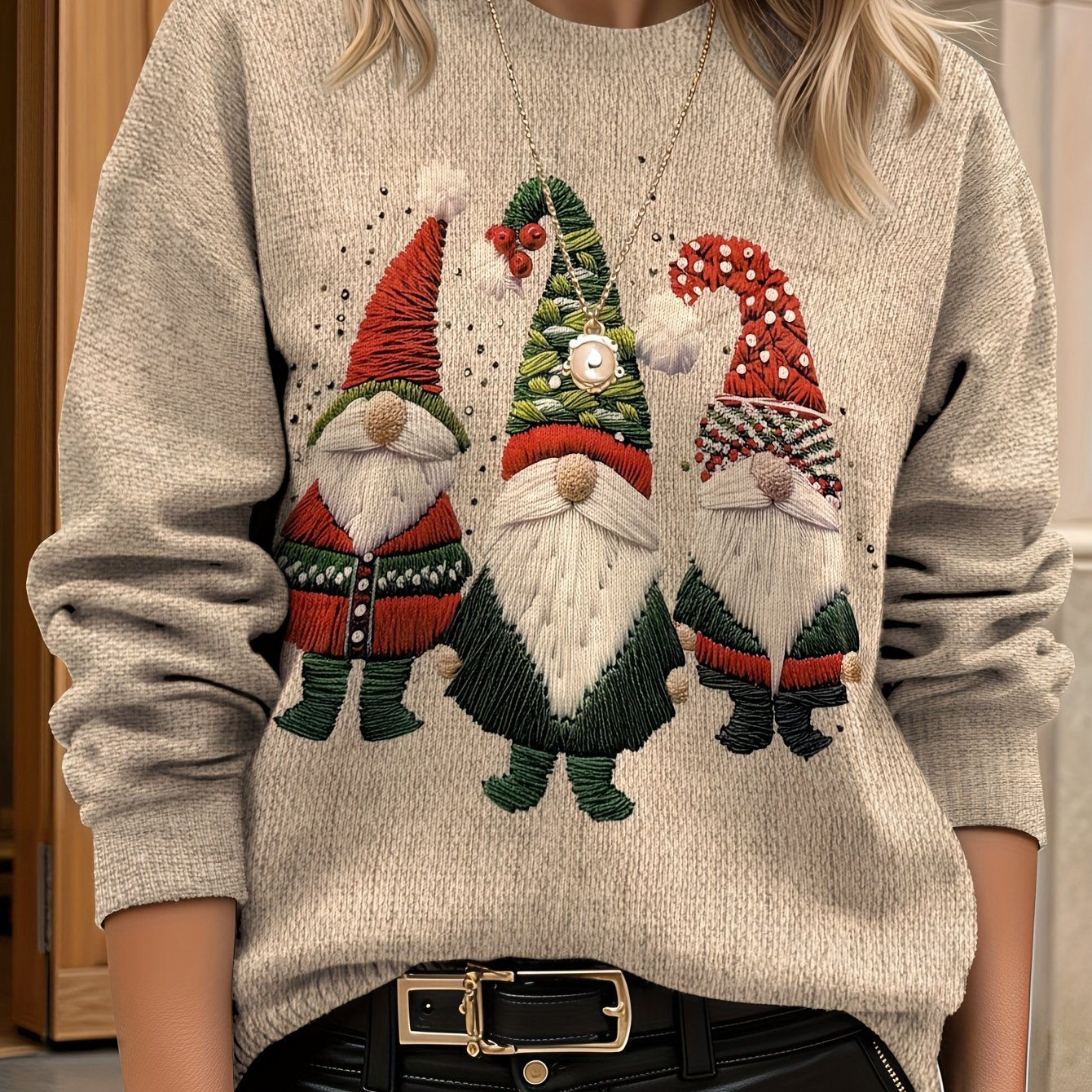 Women'S 3D Printed Long Sleeve Crew Neck Sweater - Ultra HD Gothic Raven & Santa Claus Design, Lightweight All-Over Print, Casual Elegant Style, Regular Fit